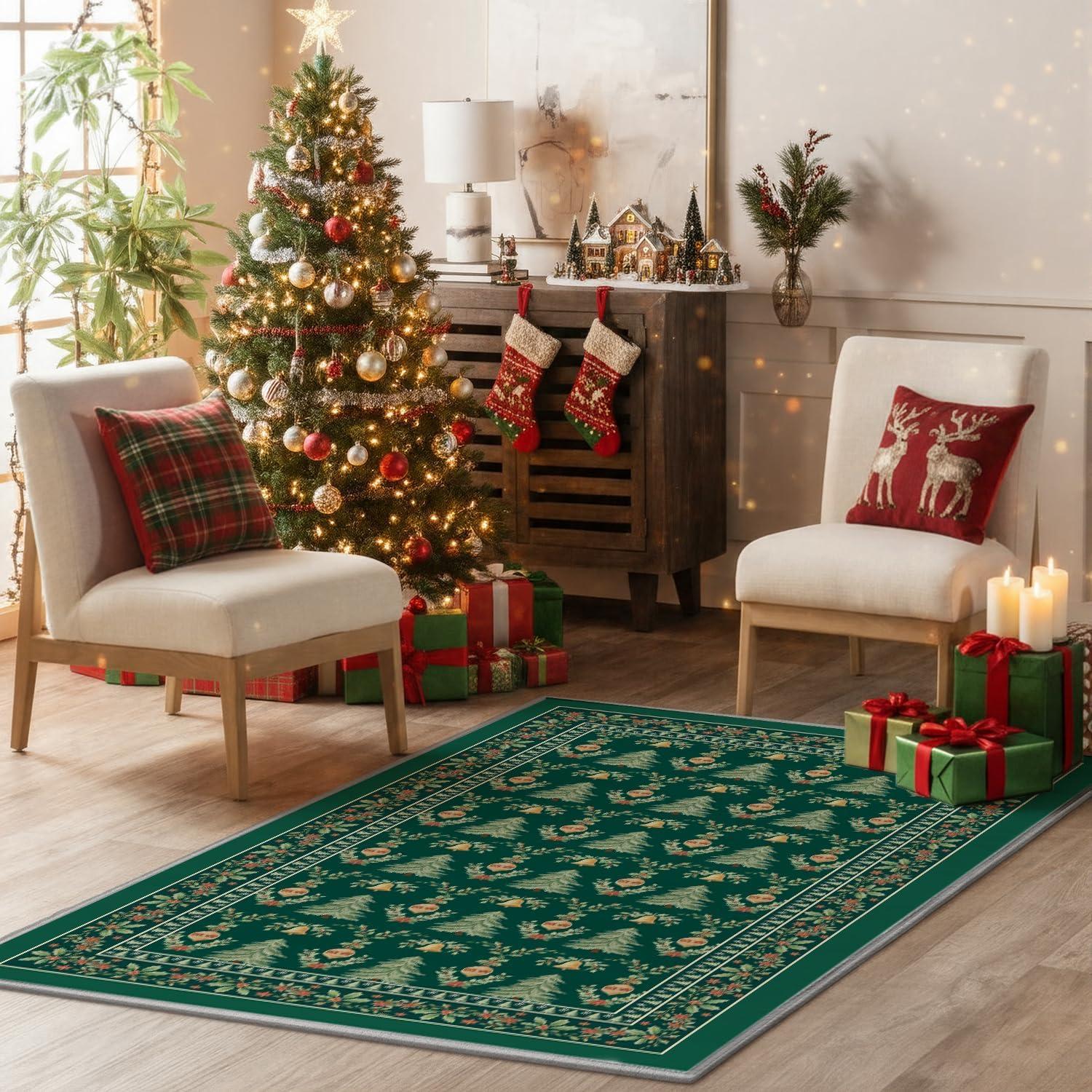 image:imageArtoid Mode Red Xmas Tree Mistletoe Christmas Area Rug Winter Home Decor LowProfile NonSlip Washable Large Rug for Living Room Bedroom Farmhouse Dining Room Kids Playroom 5x7 FeetGreen