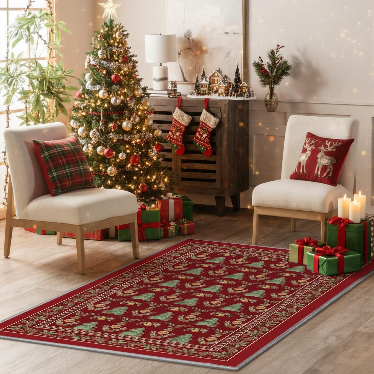image:imageArtoid Mode Red Xmas Tree Mistletoe Christmas Area Rug Winter Home Decor LowProfile NonSlip Washable Large Rug for Living Room Bedroom Farmhouse Dining Room Kids Playroom 5x7 FeetRed
