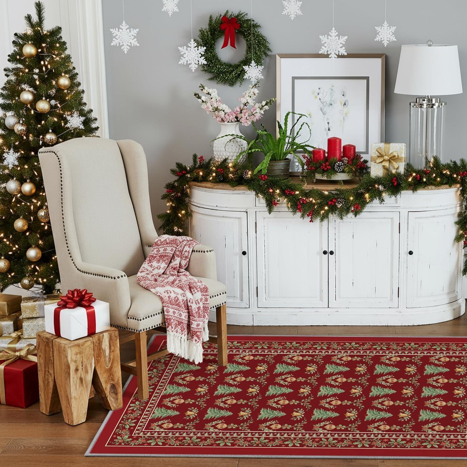 image:imageArtoid Mode Red Xmas Tree Mistletoe Christmas Area Rug Winter Home Decor LowProfile NonSlip Washable Large Rug for Living Room Bedroom Farmhouse Dining Room Kids Playroom 5x7 FeetRed