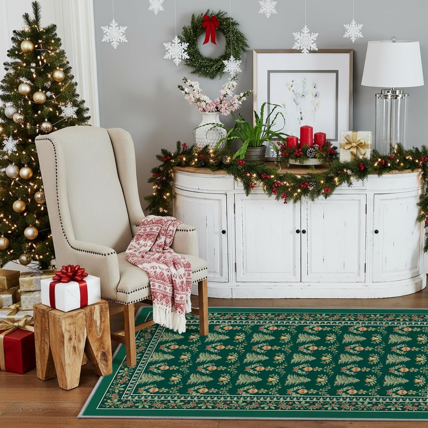 image:imageArtoid Mode Red Xmas Tree Mistletoe Christmas Area Rug Winter Home Decor LowProfile NonSlip Washable Large Rug for Living Room Bedroom Farmhouse Dining Room Kids Playroom 5x7 FeetGreen
