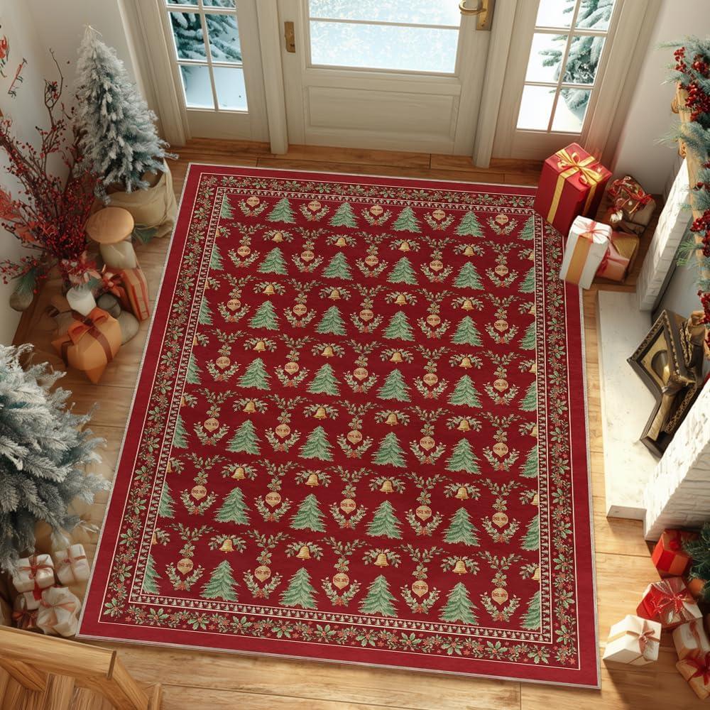 image:imageArtoid Mode Red Xmas Tree Mistletoe Christmas Area Rug Winter Home Decor LowProfile NonSlip Washable Large Rug for Living Room Bedroom Farmhouse Dining Room Kids Playroom 5x7 FeetRed