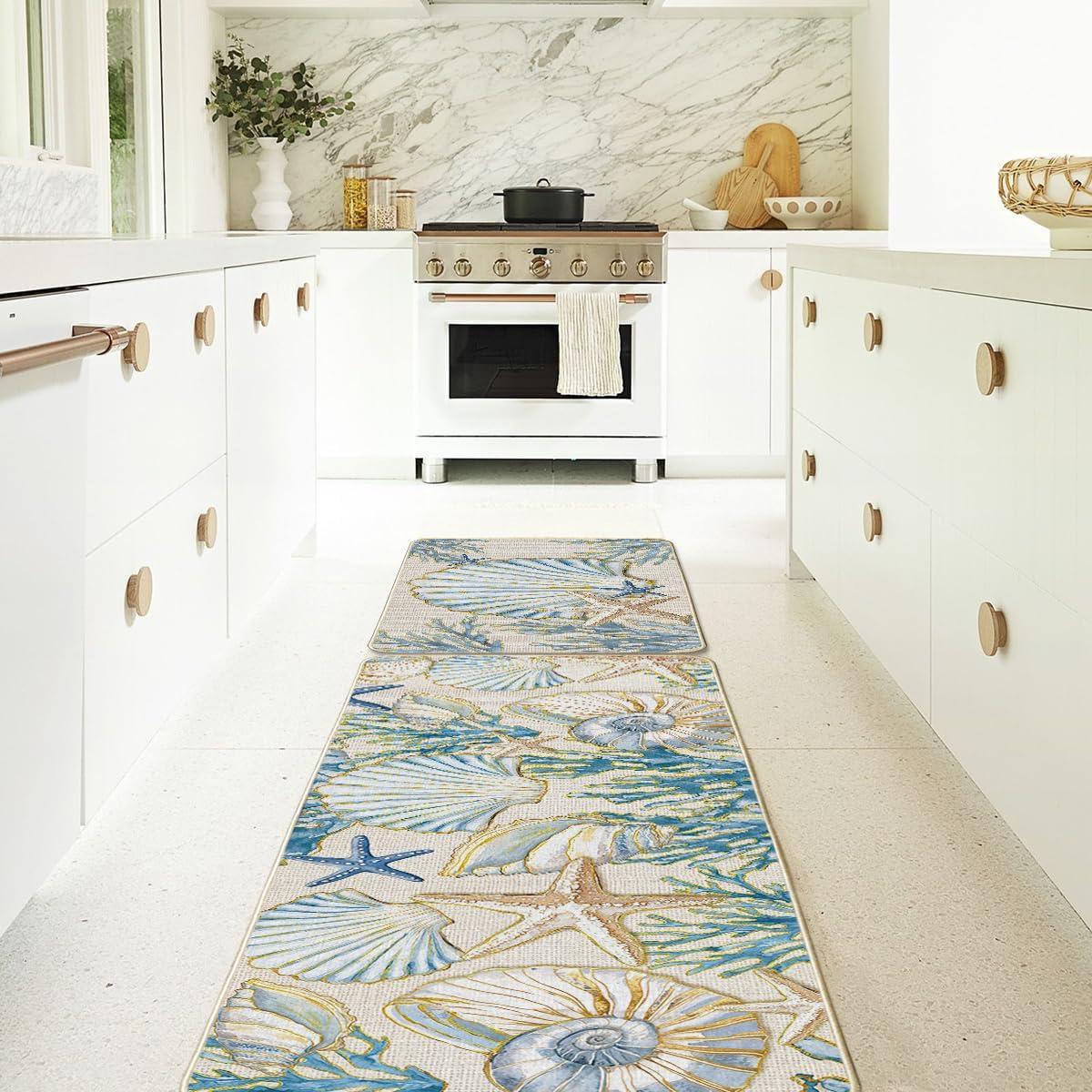 image:imageArtoid Mode Sea Shell Starfish Coral Whelks Summer Kitchen Mats Set of 2 Ocean Seasonal Sports Home Decor LowProfile Kitchen Rugs for Floor 17x29 and 17x47 Inch