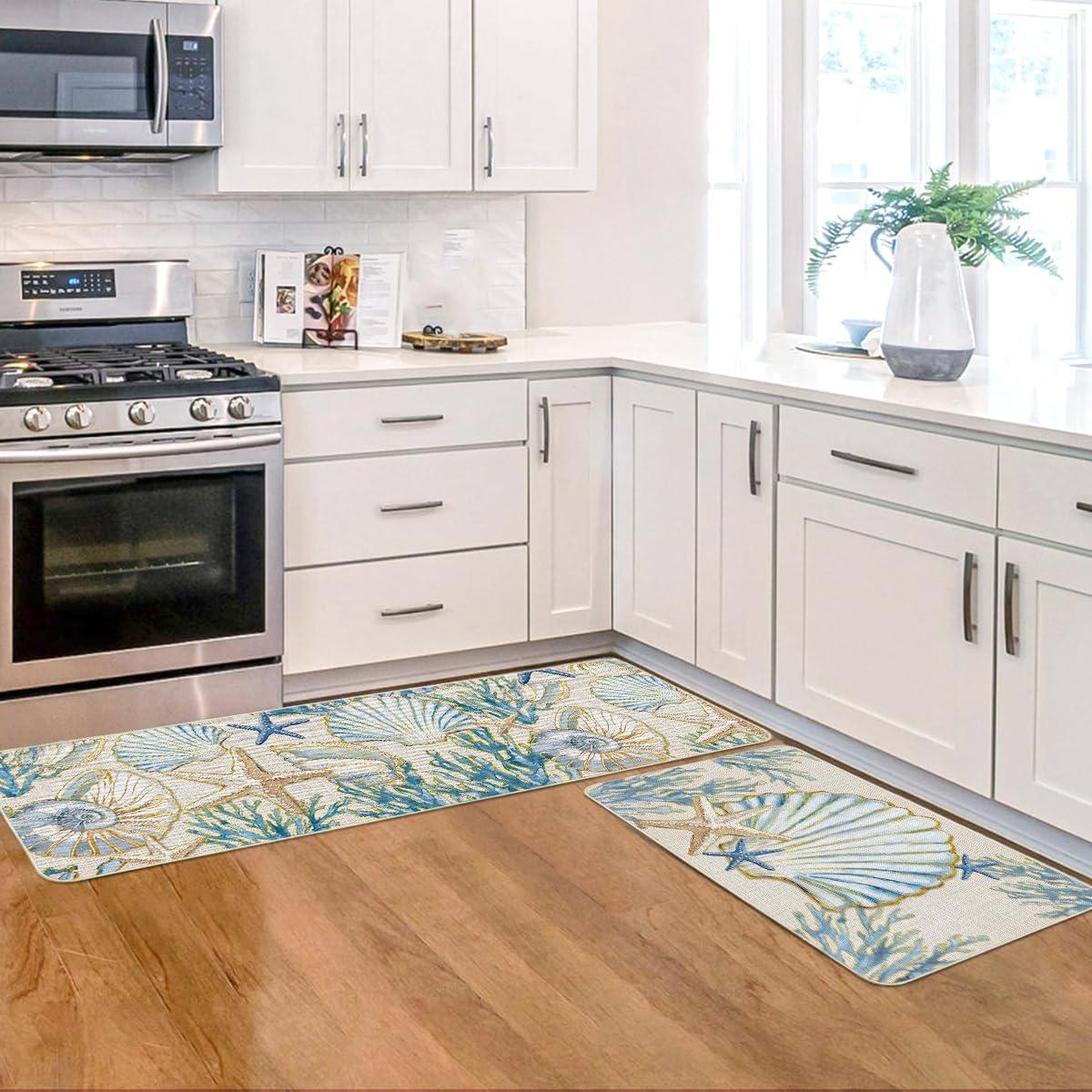 image:imageArtoid Mode Sea Shell Starfish Coral Whelks Summer Kitchen Mats Set of 2 Ocean Seasonal Sports Home Decor LowProfile Kitchen Rugs for Floor 17x29 and 17x47 Inch
