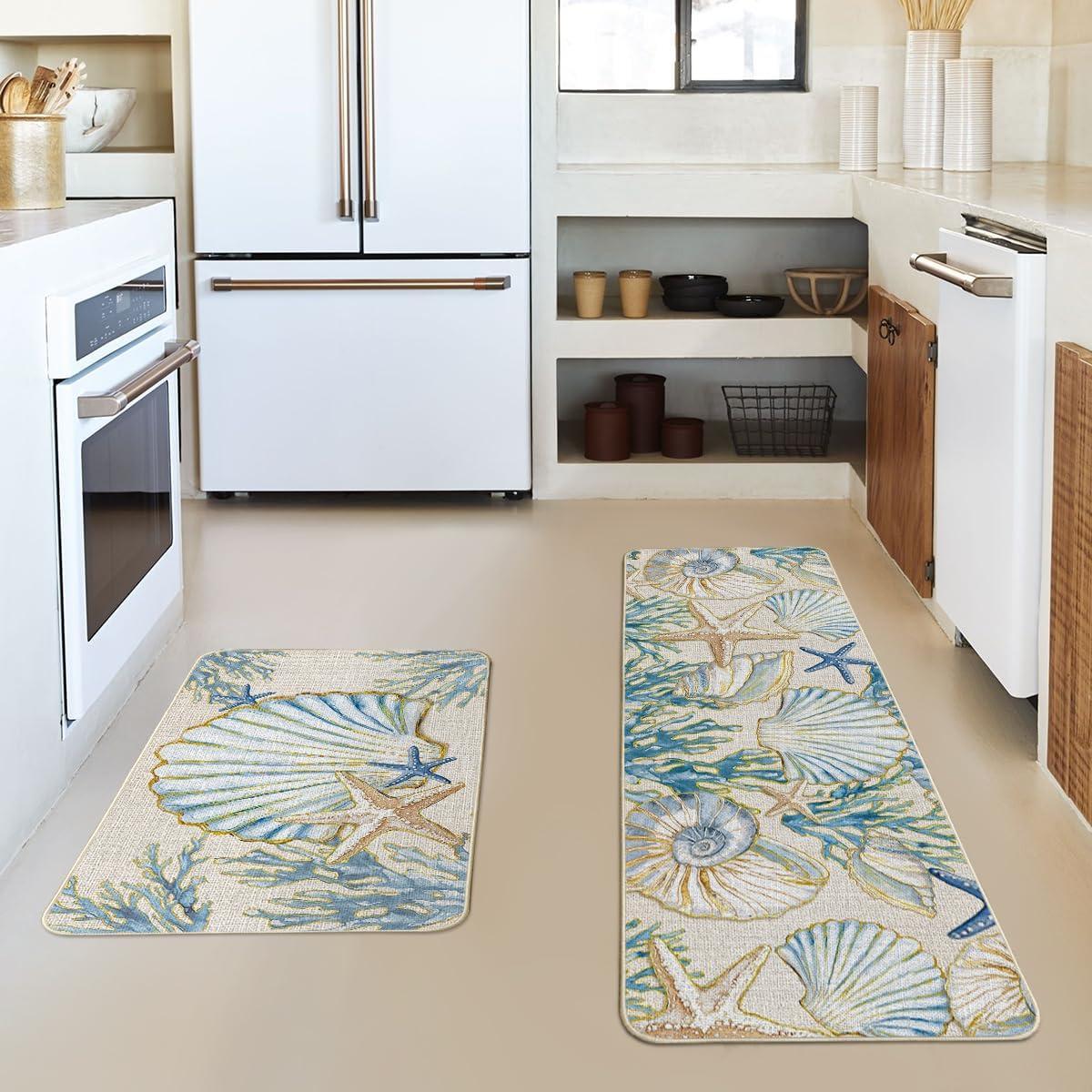image:imageArtoid Mode Sea Shell Starfish Coral Whelks Summer Kitchen Mats Set of 2 Ocean Seasonal Sports Home Decor LowProfile Kitchen Rugs for Floor 17x29 and 17x47 Inch