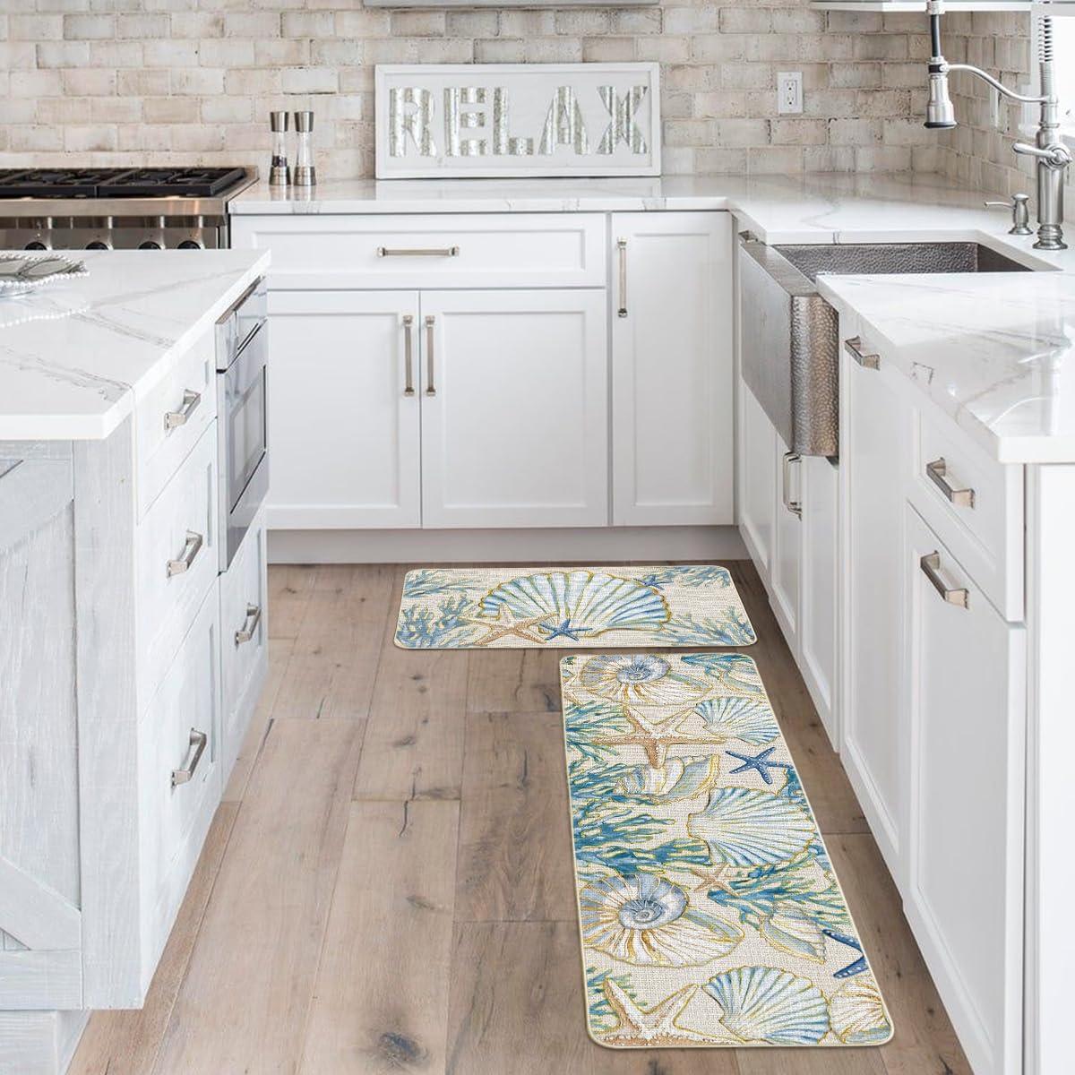 image:imageArtoid Mode Sea Shell Starfish Coral Whelks Summer Kitchen Mats Set of 2 Ocean Seasonal Sports Home Decor LowProfile Kitchen Rugs for Floor 17x29 and 17x47 Inch