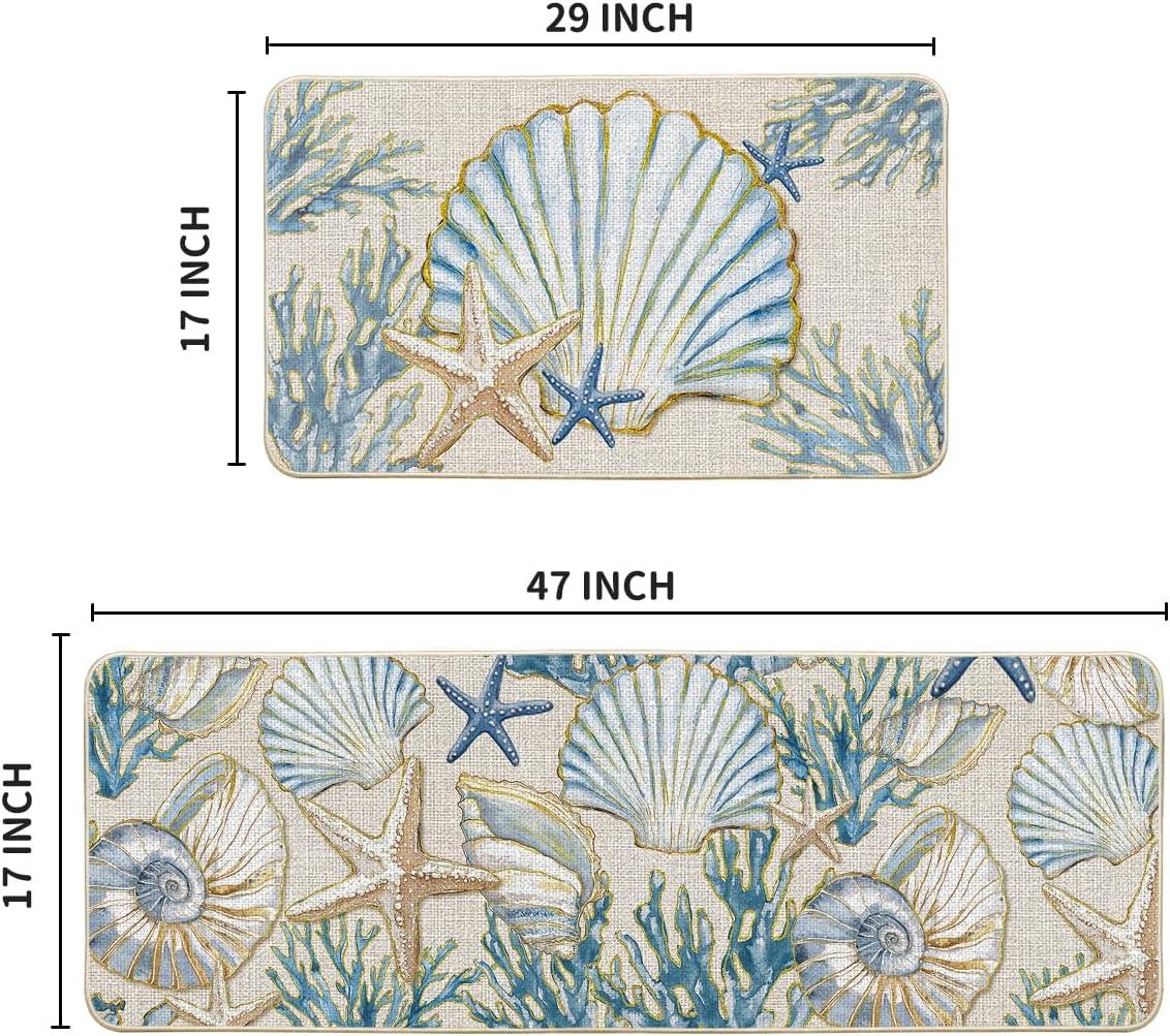 image:imageArtoid Mode Sea Shell Starfish Coral Whelks Summer Kitchen Mats Set of 2 Ocean Seasonal Sports Home Decor LowProfile Kitchen Rugs for Floor 17x29 and 17x47 Inch