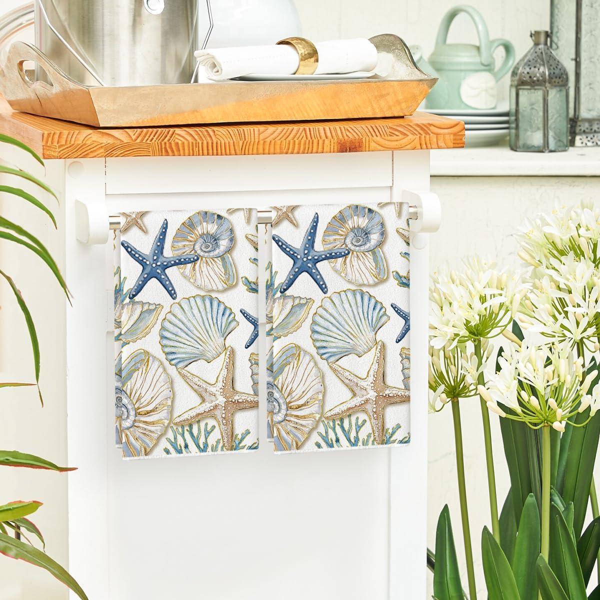 image:imageArtoid Mode Seashell Coral Starfish Summer Kitchen Towels Dish Towels 18x26 Inch Farmhouse Summer Seasonal Decoration Hand Towels Set of 2