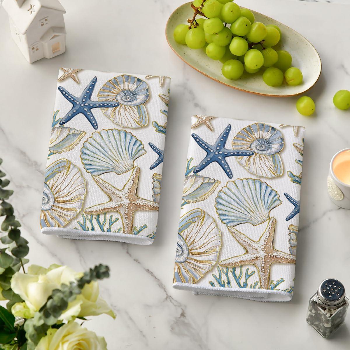 image:imageArtoid Mode Seashell Coral Starfish Summer Kitchen Towels Dish Towels 18x26 Inch Farmhouse Summer Seasonal Decoration Hand Towels Set of 2