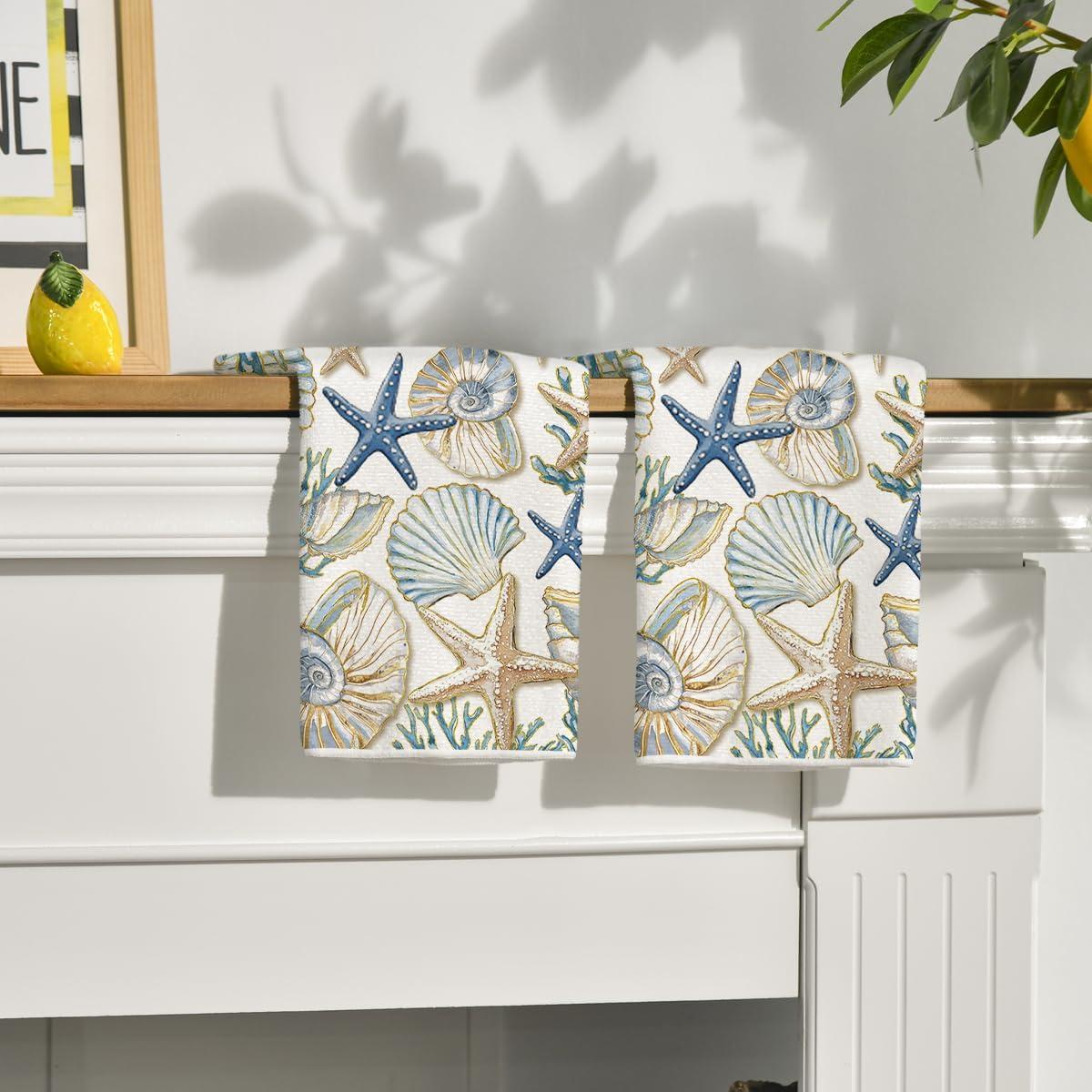 image:imageArtoid Mode Seashell Coral Starfish Summer Kitchen Towels Dish Towels 18x26 Inch Farmhouse Summer Seasonal Decoration Hand Towels Set of 2