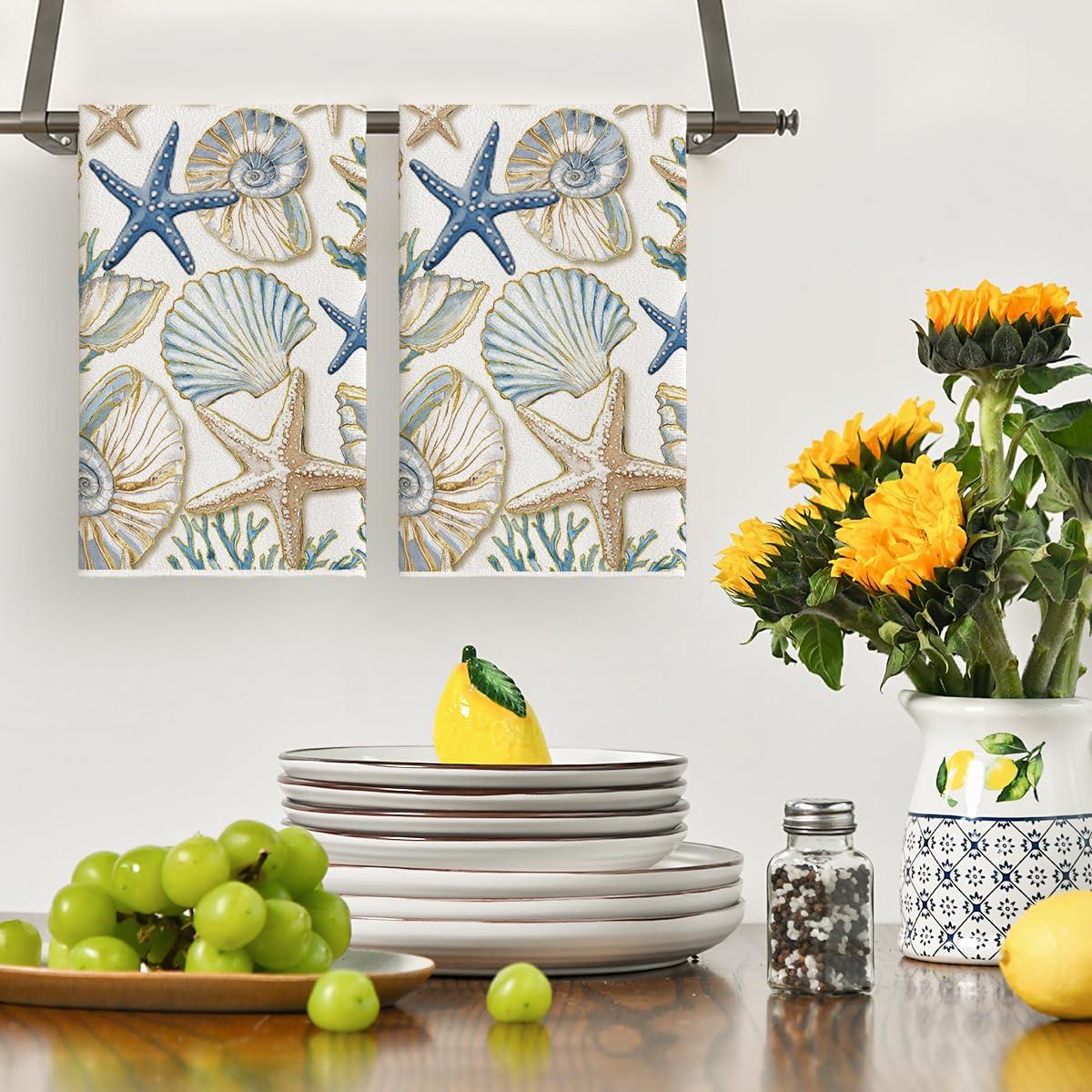 image:imageArtoid Mode Seashell Coral Starfish Summer Kitchen Towels Dish Towels 18x26 Inch Farmhouse Summer Seasonal Decoration Hand Towels Set of 2