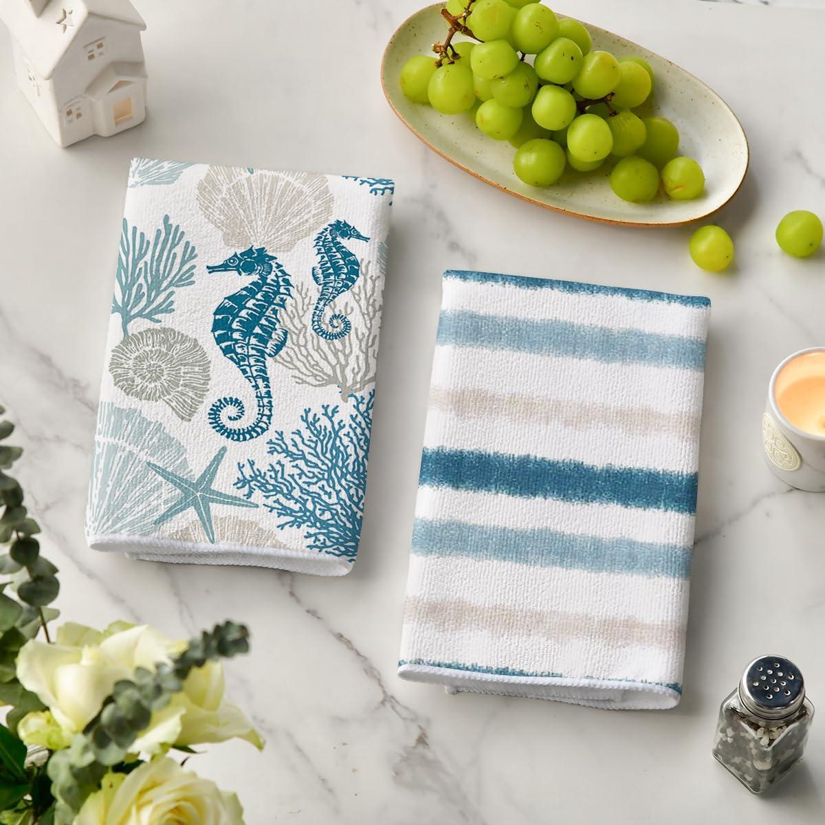 image:imageArtoid Mode Stripe Coral Starfish Seahorses Whelks Summer Kitchen Towels Dish Towels 18x26 Inch Farmhouse Decoration Hand Towels Set of 4