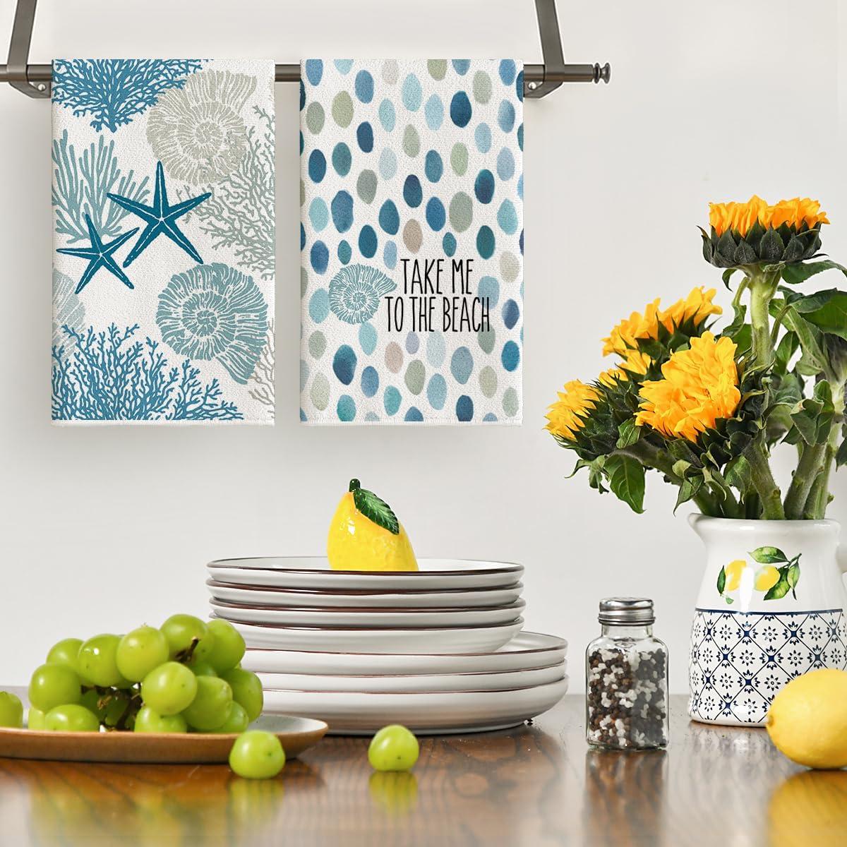 image:imageArtoid Mode Stripe Coral Starfish Seahorses Whelks Summer Kitchen Towels Dish Towels 18x26 Inch Farmhouse Decoration Hand Towels Set of 4