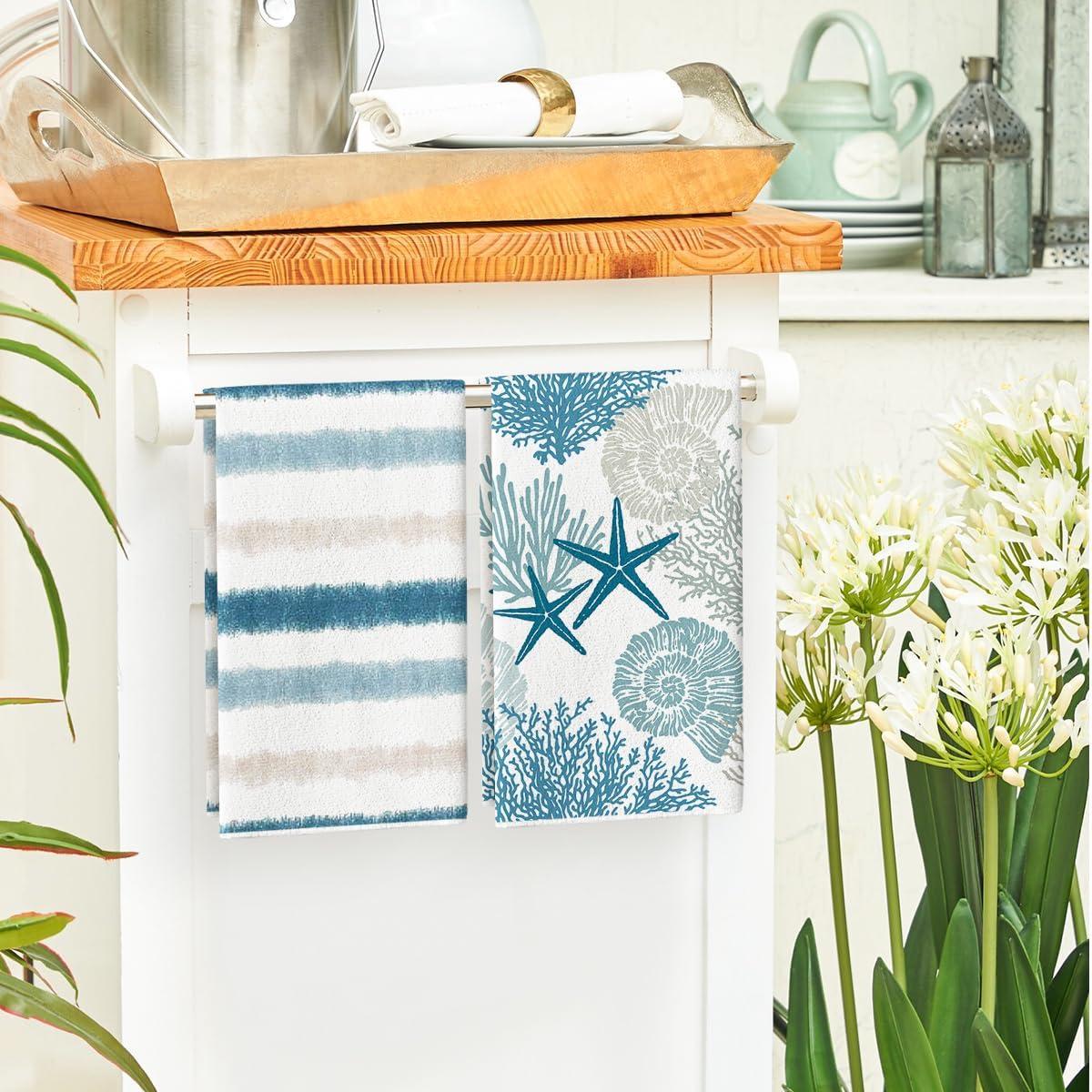 image:imageArtoid Mode Stripe Coral Starfish Seahorses Whelks Summer Kitchen Towels Dish Towels 18x26 Inch Farmhouse Decoration Hand Towels Set of 4