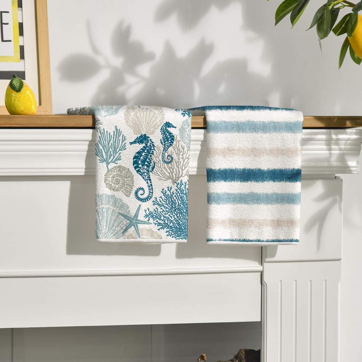 image:imageArtoid Mode Stripe Coral Starfish Seahorses Whelks Summer Kitchen Towels Dish Towels 18x26 Inch Farmhouse Decoration Hand Towels Set of 4