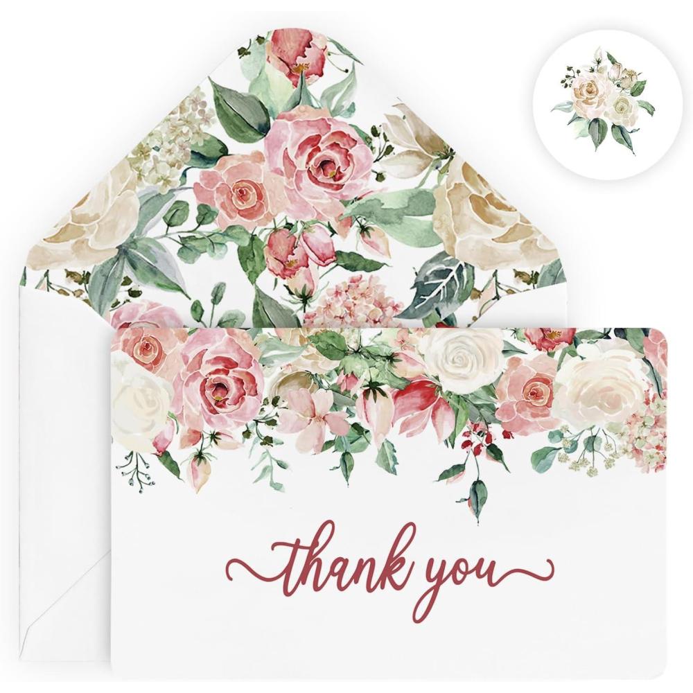 image:imageArtoid Mode 24 Pack Rose Flower Thank You Cards Wedding Greeting Cards Gift With Envelope Sticker Blank Note Cards for Birthday Wedding Baby Shower Bridal Shower 4 x 6 Inch