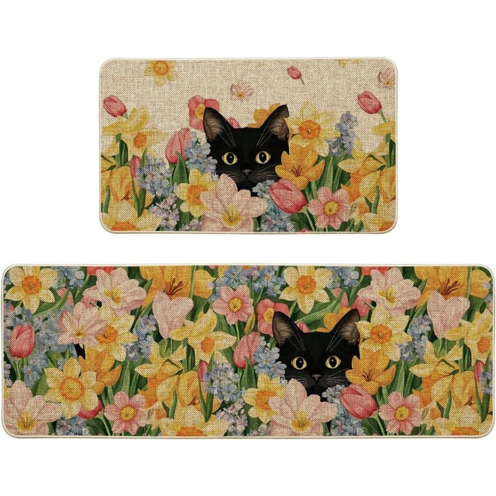 image:imageArtoid Mode Black Cat Floral Flowers Spring Kitchen Mats Set of 2 Home Decor LowProfile Kitchen Rugs for Floor 17x29 and 17x47 Inch