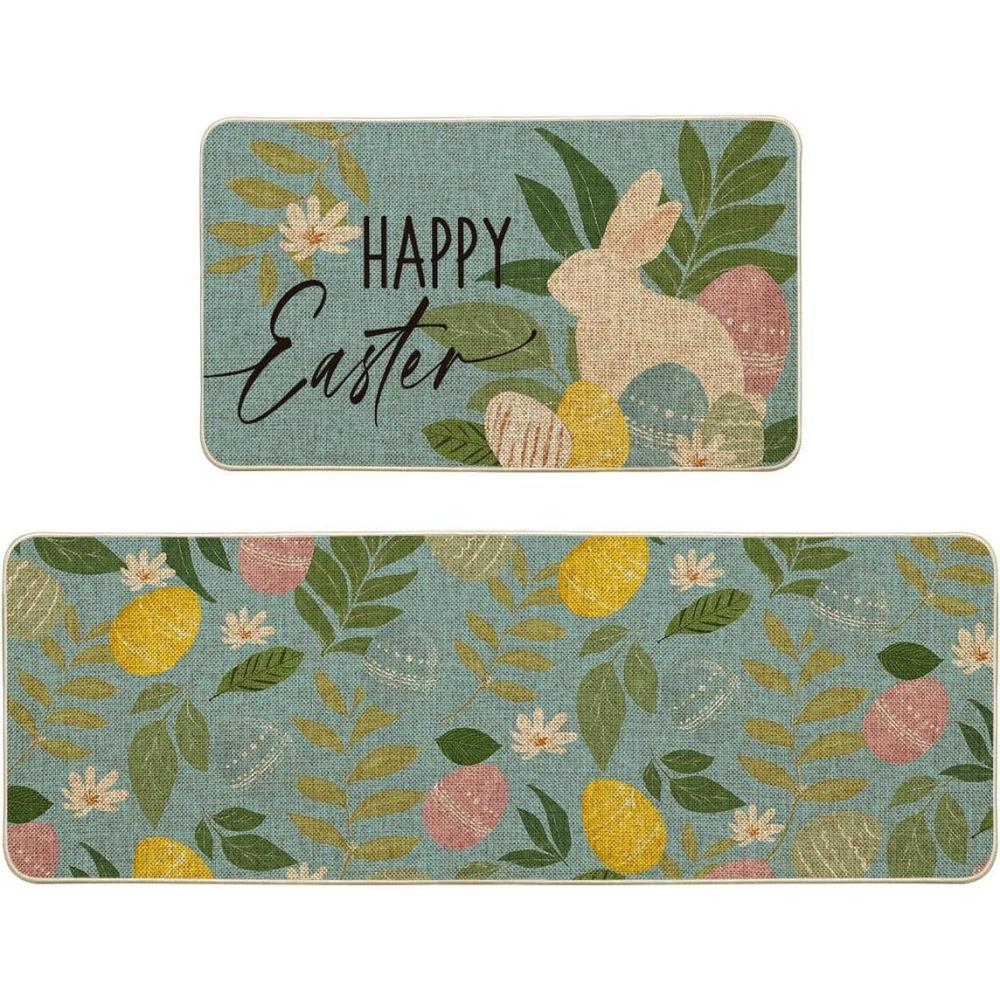 image:imageArtoid Mode Blue Eggs Rabbit Bunny Leaves Easter Kitchen Mats Set of 2 Home Seasonal Spring Easter Holiday Party Floor Mat 17x29 and 17x47 InchBlue