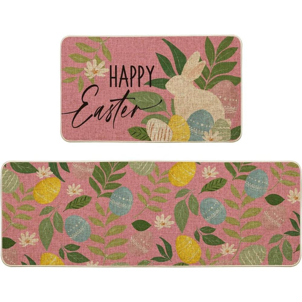 image:imageArtoid Mode Blue Eggs Rabbit Bunny Leaves Easter Kitchen Mats Set of 2 Home Seasonal Spring Easter Holiday Party Floor Mat 17x29 and 17x47 InchPink