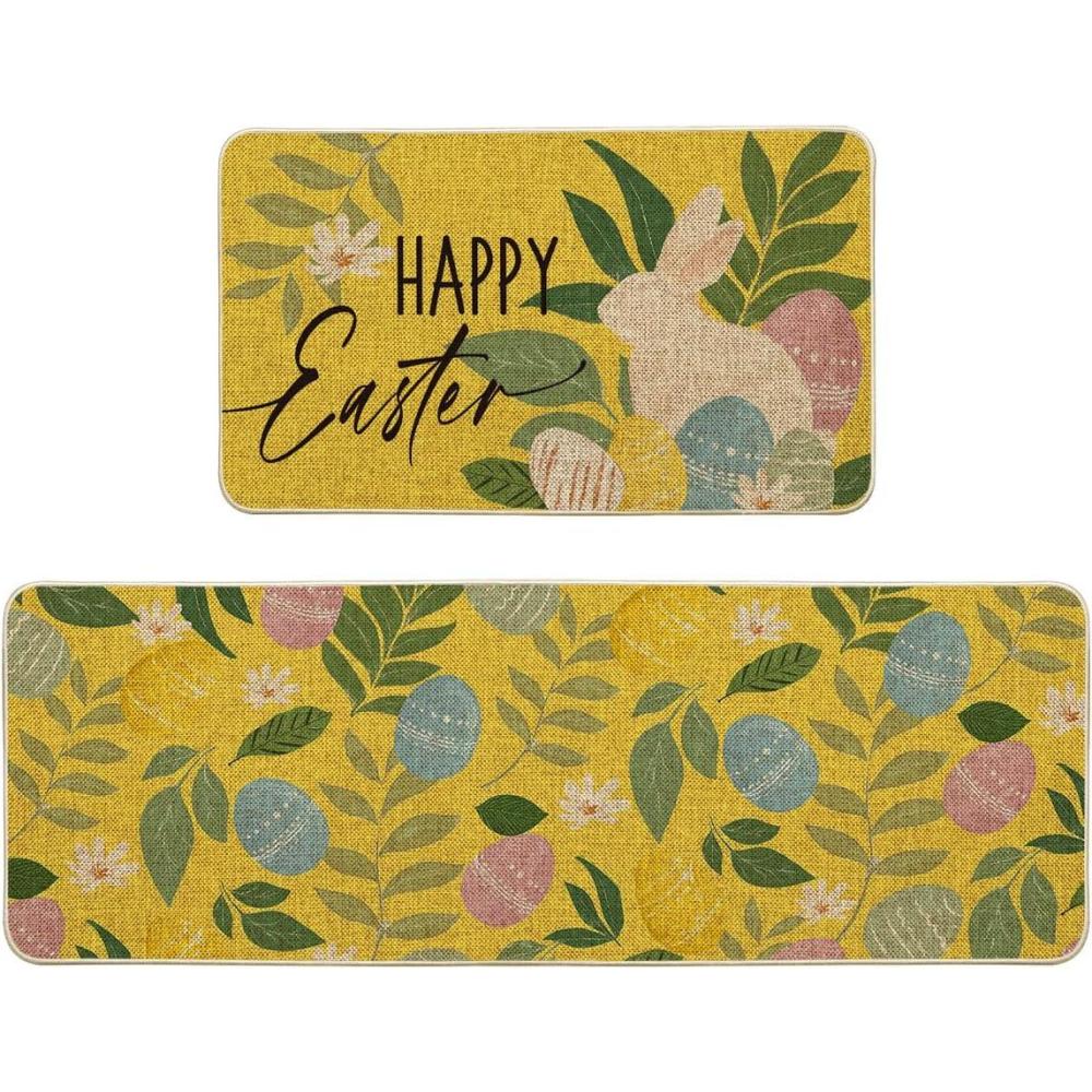 image:imageArtoid Mode Blue Eggs Rabbit Bunny Leaves Easter Kitchen Mats Set of 2 Home Seasonal Spring Easter Holiday Party Floor Mat 17x29 and 17x47 InchYellow