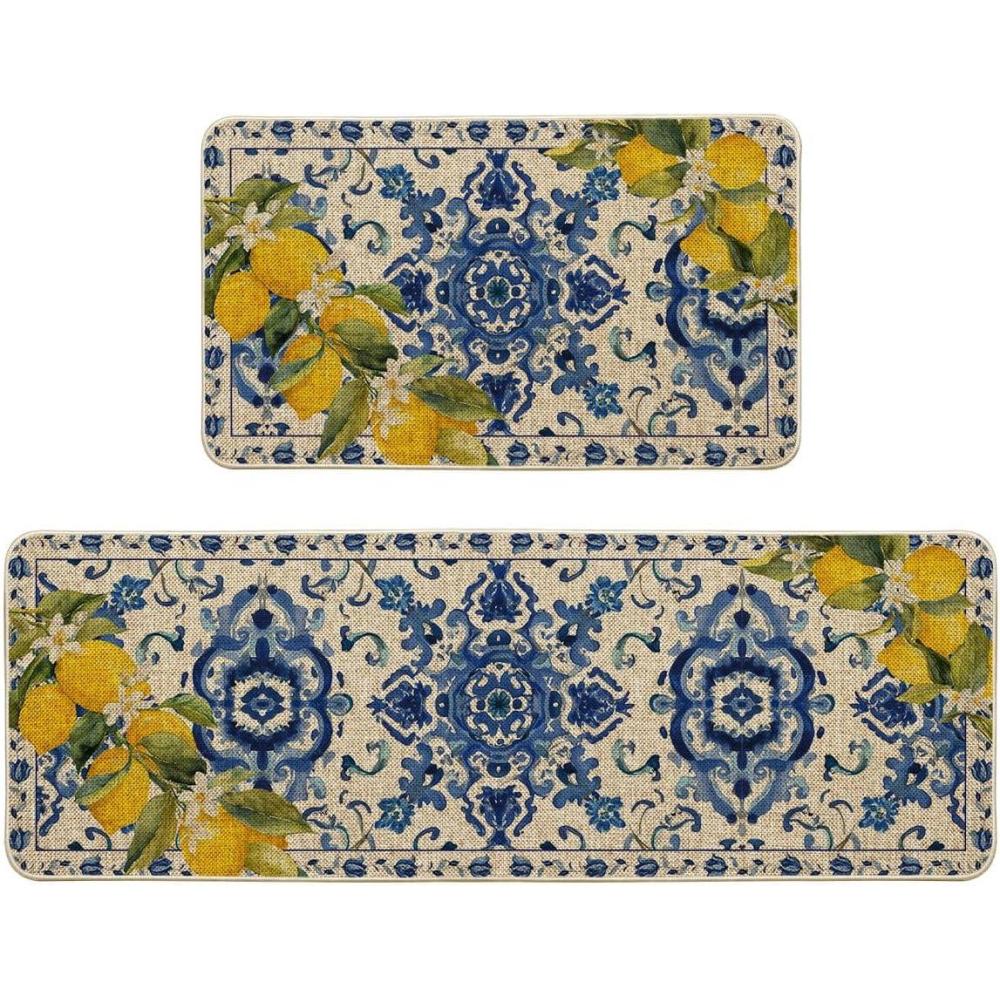 image:imageArtoid Mode Blue Floral Lemons Spring Kitchen Mats Set of 2 Home Decor LowProfile Kitchen Rugs for Floor 17x29 and 17x47 Inch