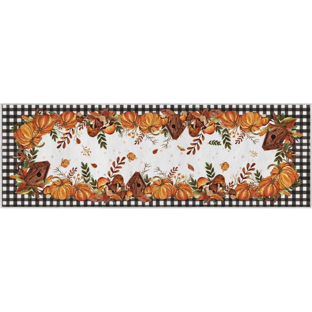 image:imageArtoid Mode Buffalo Plaid Pumpkins Mushrooms Fall Area Rug Autumn Thanksgiving Home Decor LowProfile NonSlip Washable Runner Rug for Entryway Bedroom Living Room Laundry Room Indoor 2x6 FeetBlackWhite