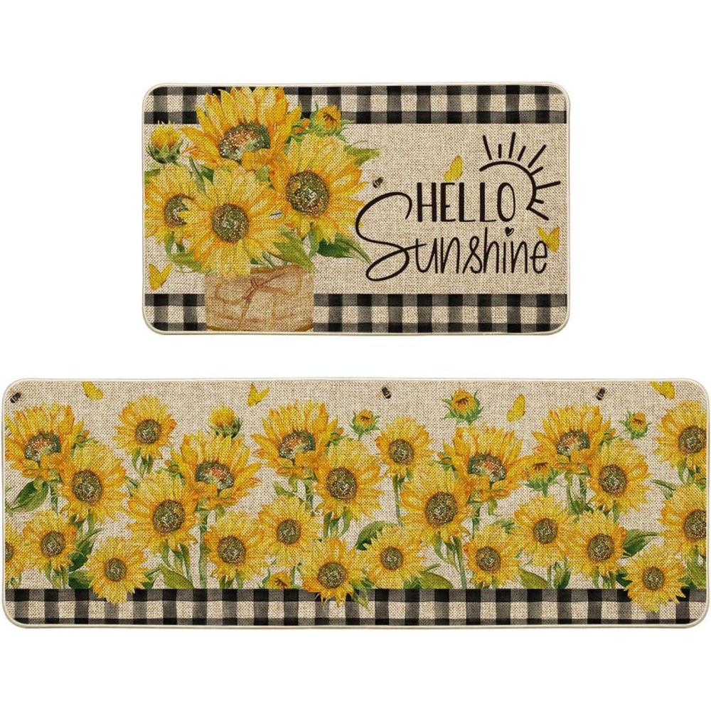 image:imageArtoid Mode Buffalo Plaid Sunflower Summer Kitchen Mats Set of 2 Hello Sunshine Spring Home Decor LowProfile Kitchen Rugs for Floor 17x29 and 17x47 Inch