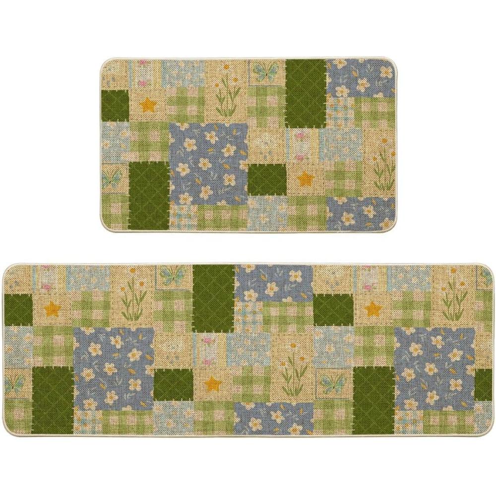 image:imageArtoid Mode Check Pattern Flowers Floral Spring Kitchen Mats Set of 2 Home Decor LowProfile Kitchen Rugs for Floor 17x29 and 17x47 Inch