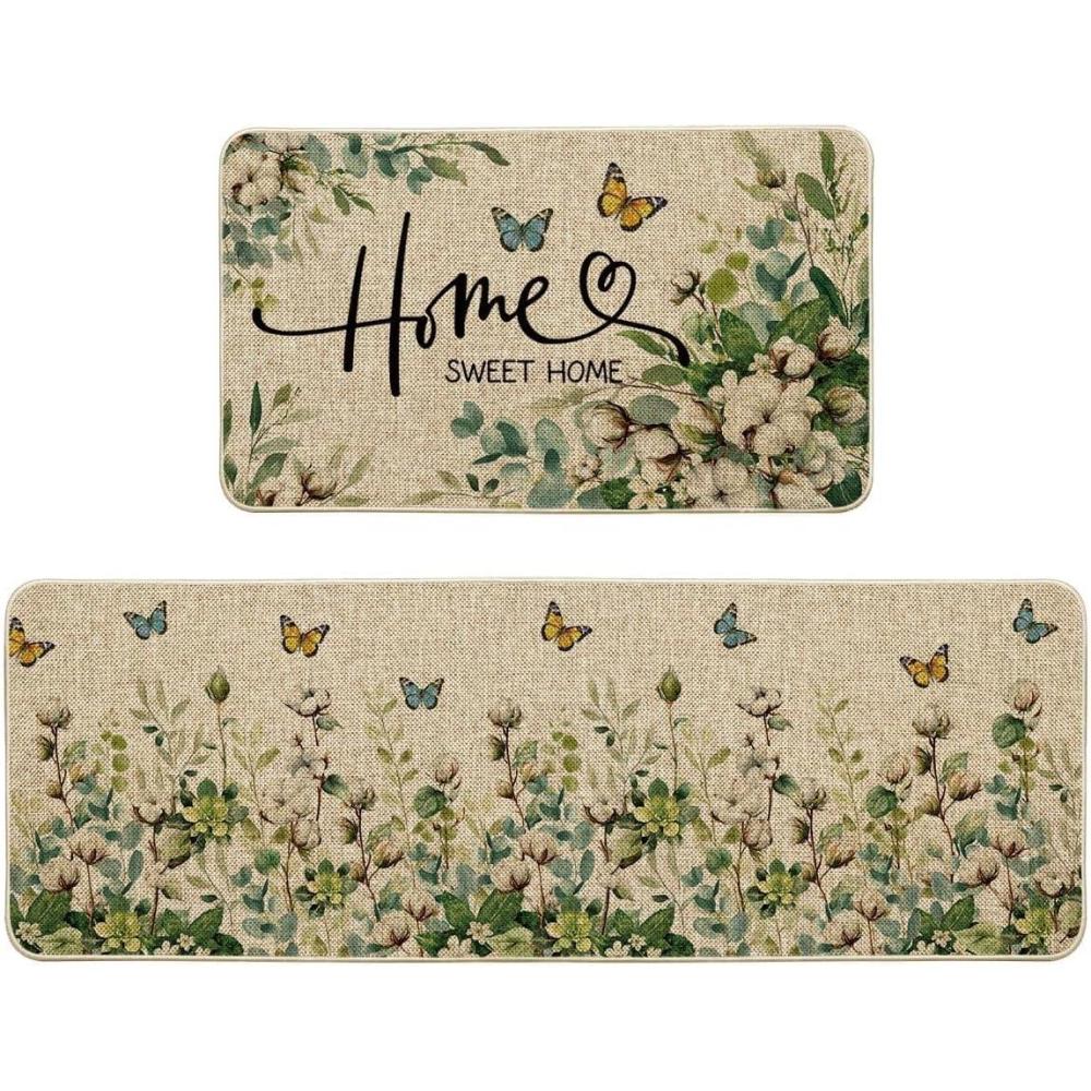 image:imageArtoid Mode Cotton Plant Leaf Butterfly Home Spring Kitchen Mats Set of 2 Home Decor LowProfile Kitchen Rugs for Floor 17x29 and 17x47 Inch