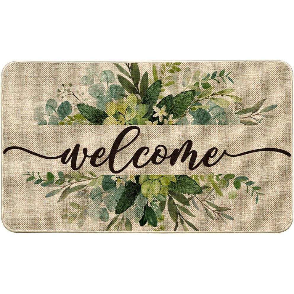 image:imageArtoid Mode Eucalyptus Floral Leaves Welcome Spring Doormat Summer Decor LowProfile Switch Rug Door Mat Floor Mat for Indoor Outdoor 17x29 InchBeige