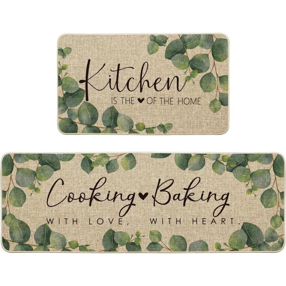 image:imageArtoid Mode Eucalyptus Leaves Mats Set of 2 Kitchen is The Heart of The Home Cooking with Love Baking with Heart Decorations for Home 17 x 29 and 17 x 47 Inch