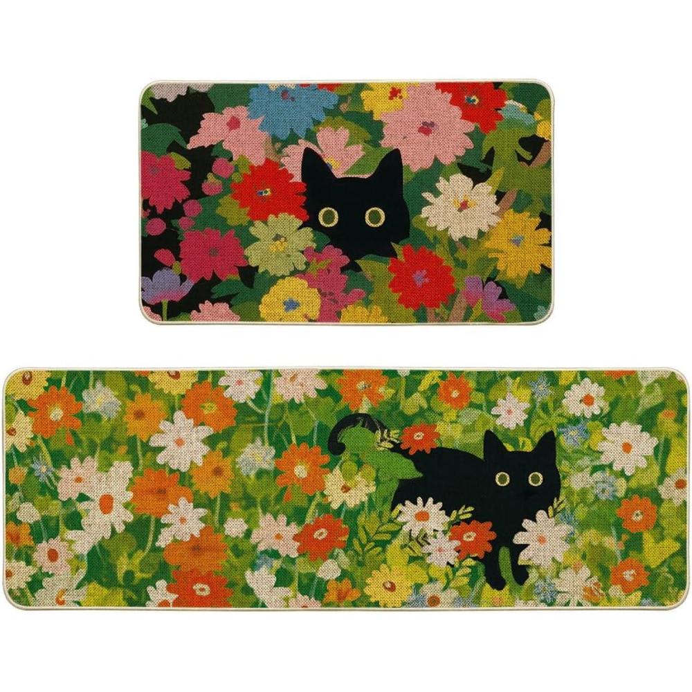 image:imageArtoid Mode Flowers Floral Black Cute Cat Spring Kitchen Mats Set of 2 Home Decor LowProfile Kitchen Rugs for Floor 17x29 and 17x47 Inch