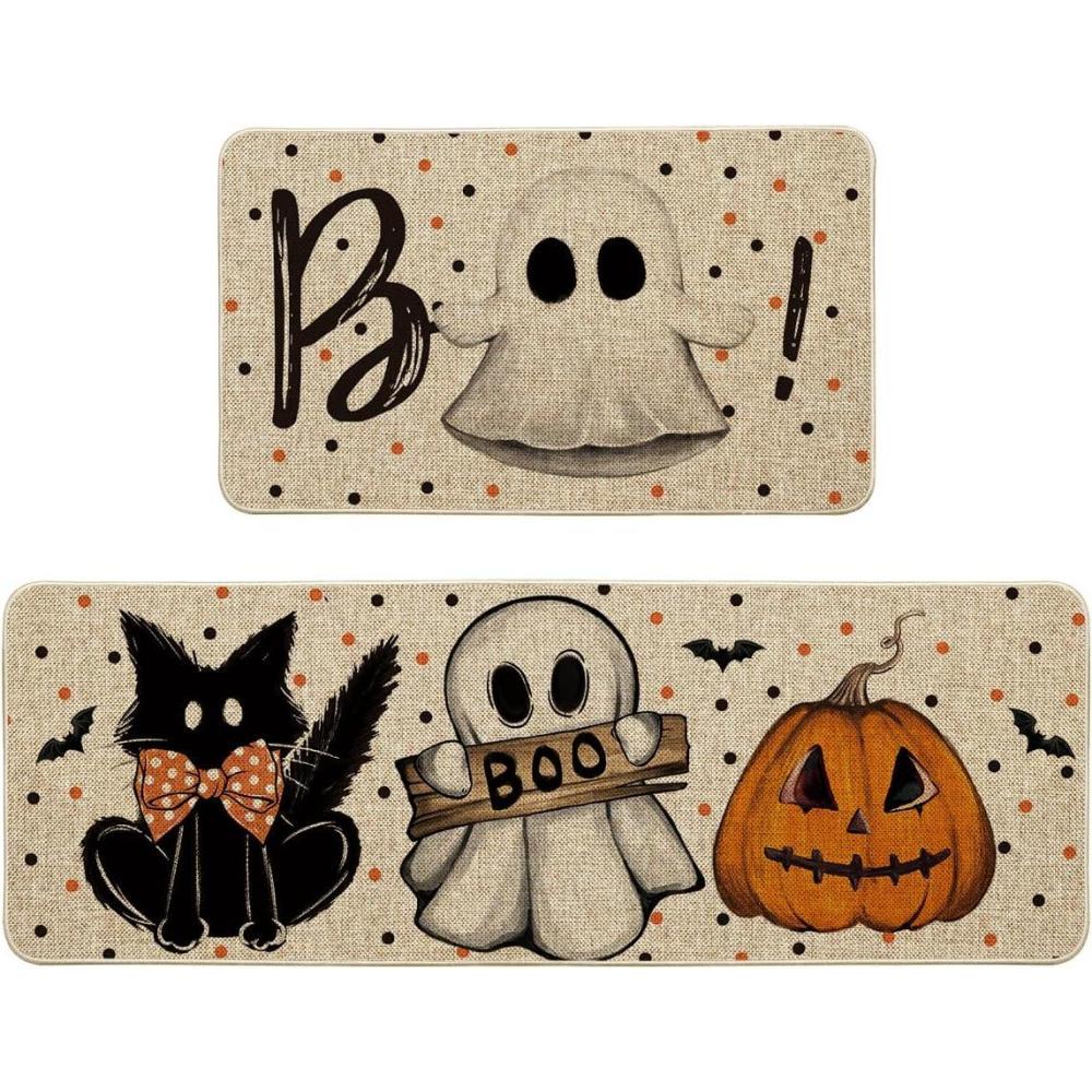 image:imageArtoid Mode Ghost Pumpkin Cat Boo Halloween Kitchen Mats Set of 2 Black Home Decor LowProfile Kitchen Rugs for Floor 17x29 and 17x47 InchBeige