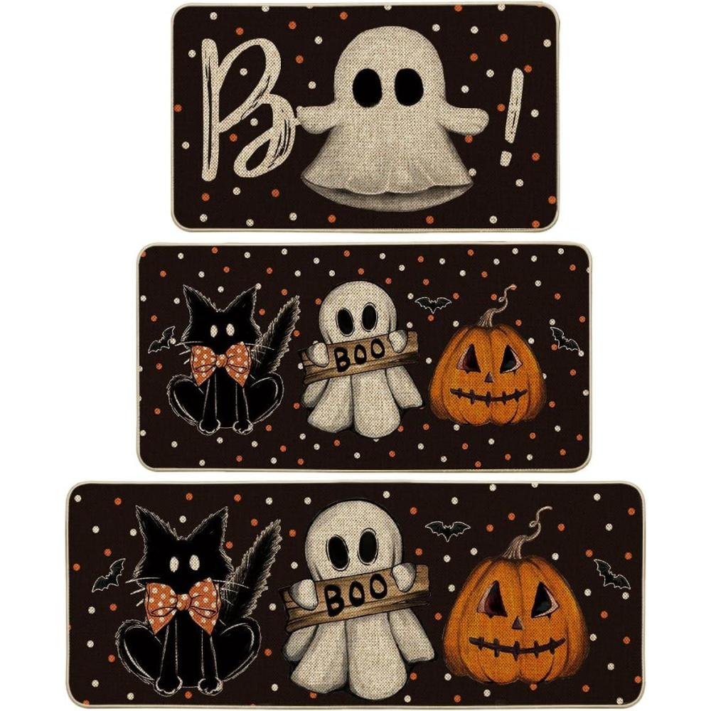 image:imageArtoid Mode Ghost Pumpkin Cat Boo Halloween Kitchen Mats Set of 2 Black Home Decor LowProfile Kitchen Rugs for Floor 17x29 and 17x47 InchBlack