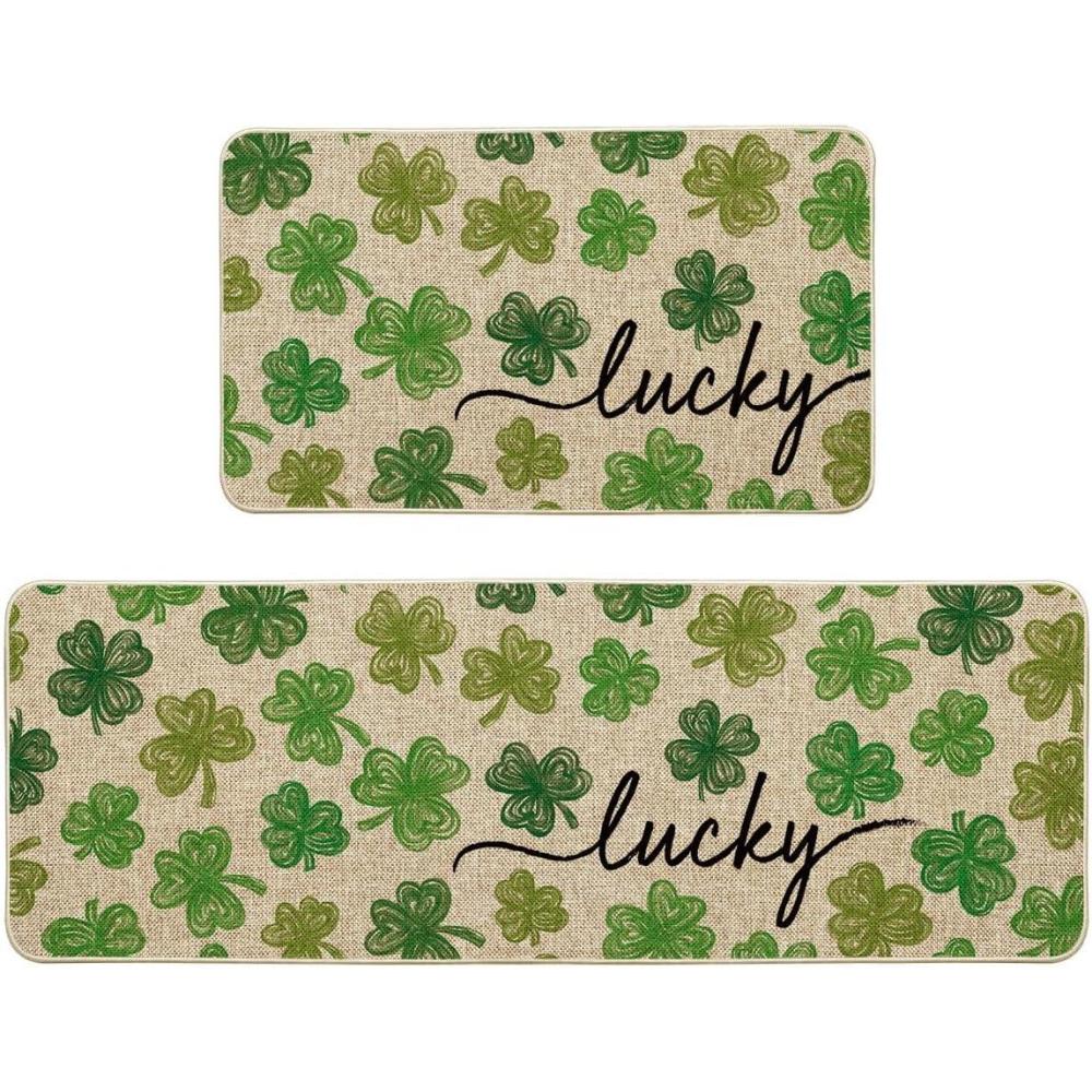 image:imageArtoid Mode Green Lucky Shamrocks Clover St Patricks Day Kitchen Mats Set of 2 Home Decor LowProfile Kitchen Rugs for Floor 17x29 and 17x47 InchBeige