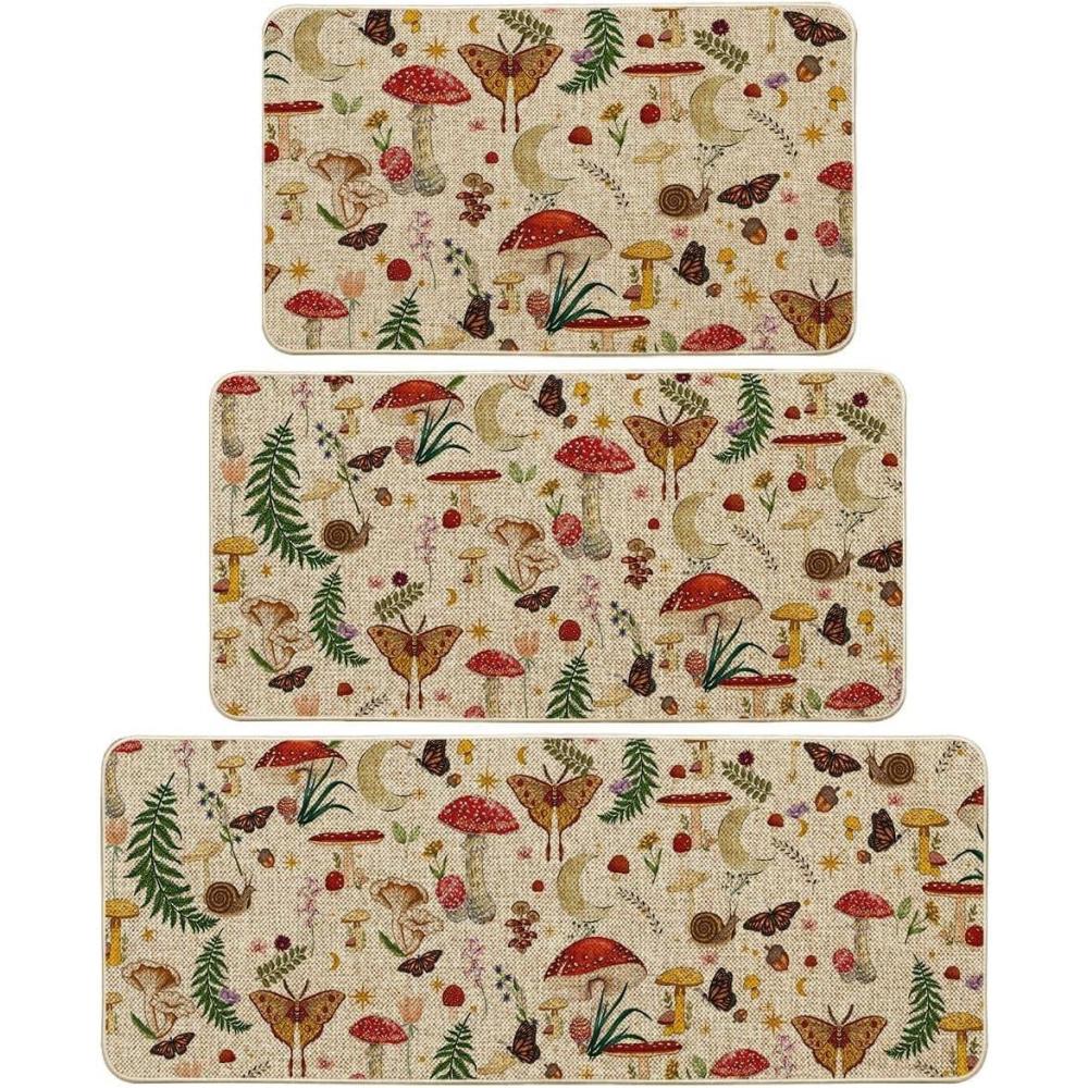image:imageArtoid Mode Mushrooms Butterfly Spring Kitchen Mats Set of 2 Home Decor LowProfile Kitchen Rugs for Floor 17x29 and 17x47 InchBeige