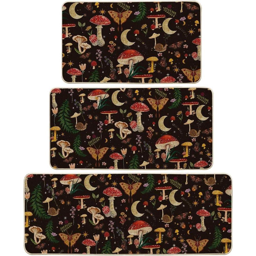 image:imageArtoid Mode Mushrooms Butterfly Spring Kitchen Mats Set of 2 Home Decor LowProfile Kitchen Rugs for Floor 17x29 and 17x47 InchBlack