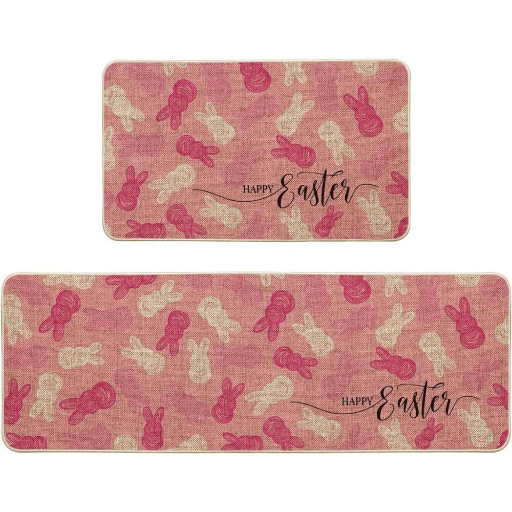 image:imageArtoid Mode Pink Bunny Happy Easter Kitchen Mats Set of 2 Home Seasonal Spring Easter Holiday Holiday Party Floor Mat 17x29 and 17x47 InchPink