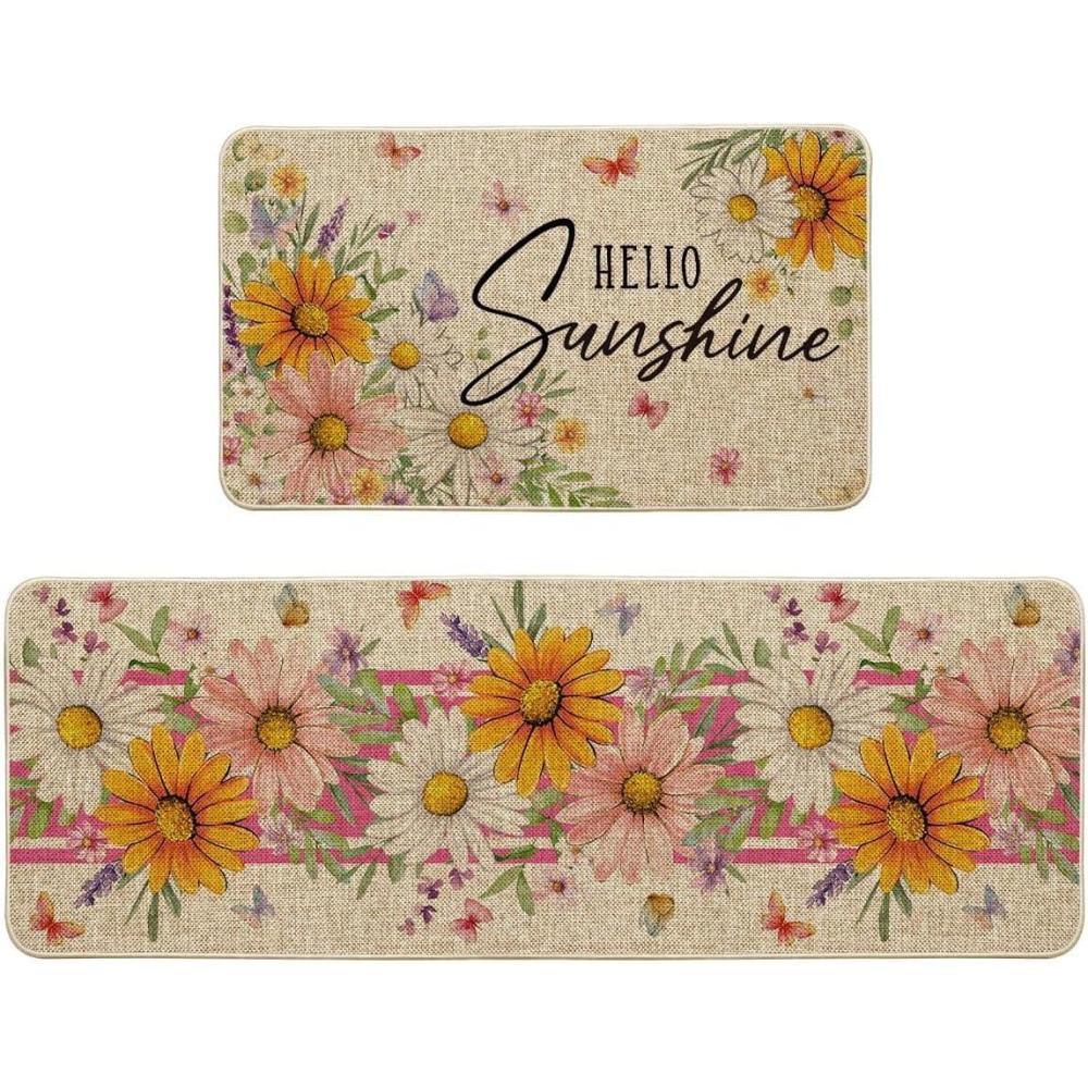 image:imageArtoid Mode Pink Daisy Flowers Hello Spring Kitchen Mats Set of 2 Home Decor LowProfile Kitchen Rugs for Floor 17x29 and 17x47 Inch