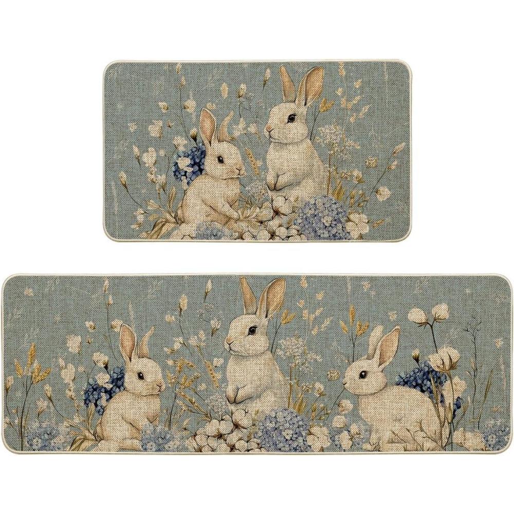 image:imageArtoid Mode Pink Rabbit Bunny Flowers Easter Kitchen Mats Set of 2 Spring Home Decor LowProfile Kitchen Rugs for Floor 17x29 and 17x47 InchBlue