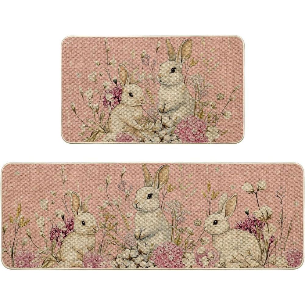 image:imageArtoid Mode Pink Rabbit Bunny Flowers Easter Kitchen Mats Set of 2 Spring Home Decor LowProfile Kitchen Rugs for Floor 17x29 and 17x47 InchPink