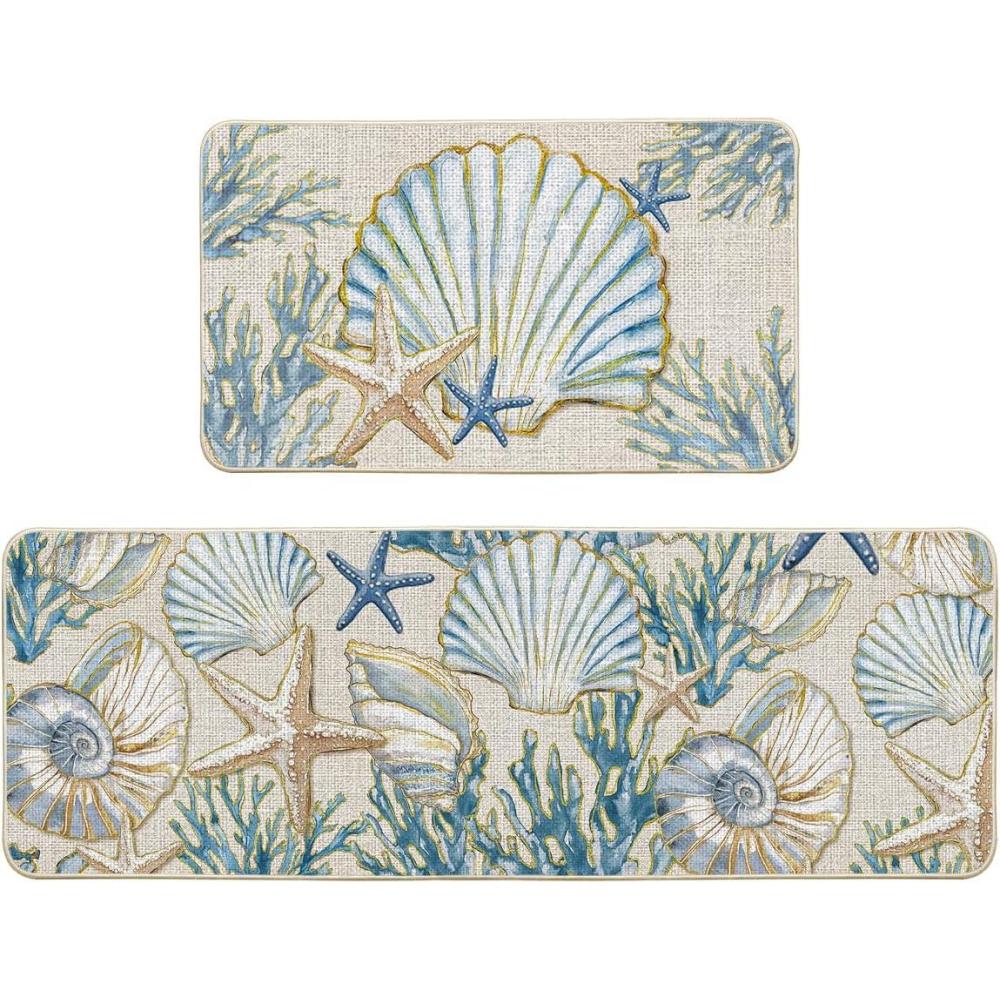 image:imageArtoid Mode Sea Shell Starfish Coral Whelks Summer Kitchen Mats Set of 2 Ocean Seasonal Sports Home Decor LowProfile Kitchen Rugs for Floor 17x29 and 17x47 Inch