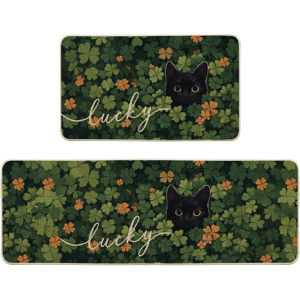 image:imageArtoid Mode Shamrock Lucky Black Cat St Patricks Day Kitchen Mats Set of 2 Home Decor LowProfile Kitchen Rugs for Floor  17x29 and 17x47 Inch