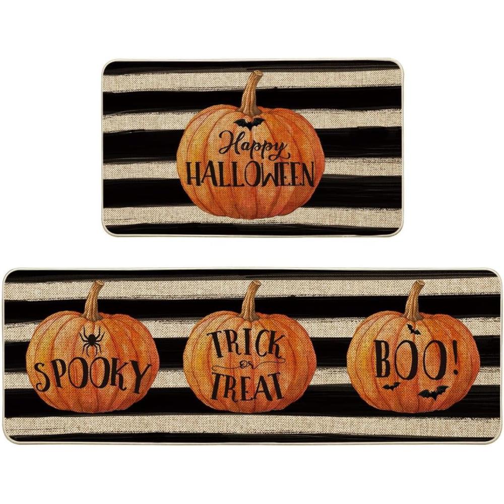 image:imageArtoid Mode Stripes Pumpkin Happy Halloween Kitchen Mats Set of 2 Spooky Trick or Treat Boo Holiday Party LowProfile Floor Mat for Home Kitchen 17x29 and 17x47 Inch