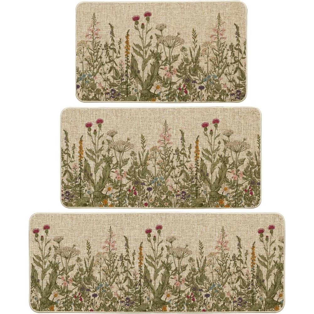 image:imageArtoid Mode Wildflower Spring Floral Kitchen Mats Set of 2 Flowers Summer Holiday Party LowProfile Floor Mat for Home Kitchen 17x29 and 17x47 InchBeige
