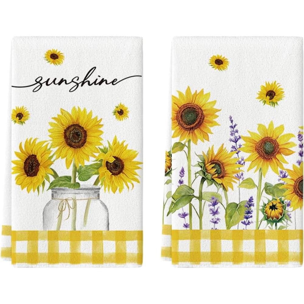 image:imageArtoid Mode Yellow Buffalo Plaid Sunflowers Sunshine Summer Kitchen Towels Dish Towels 18x26 Inch Farmhouse Summer Decoration Hand Towels Set of 2YellowWhite