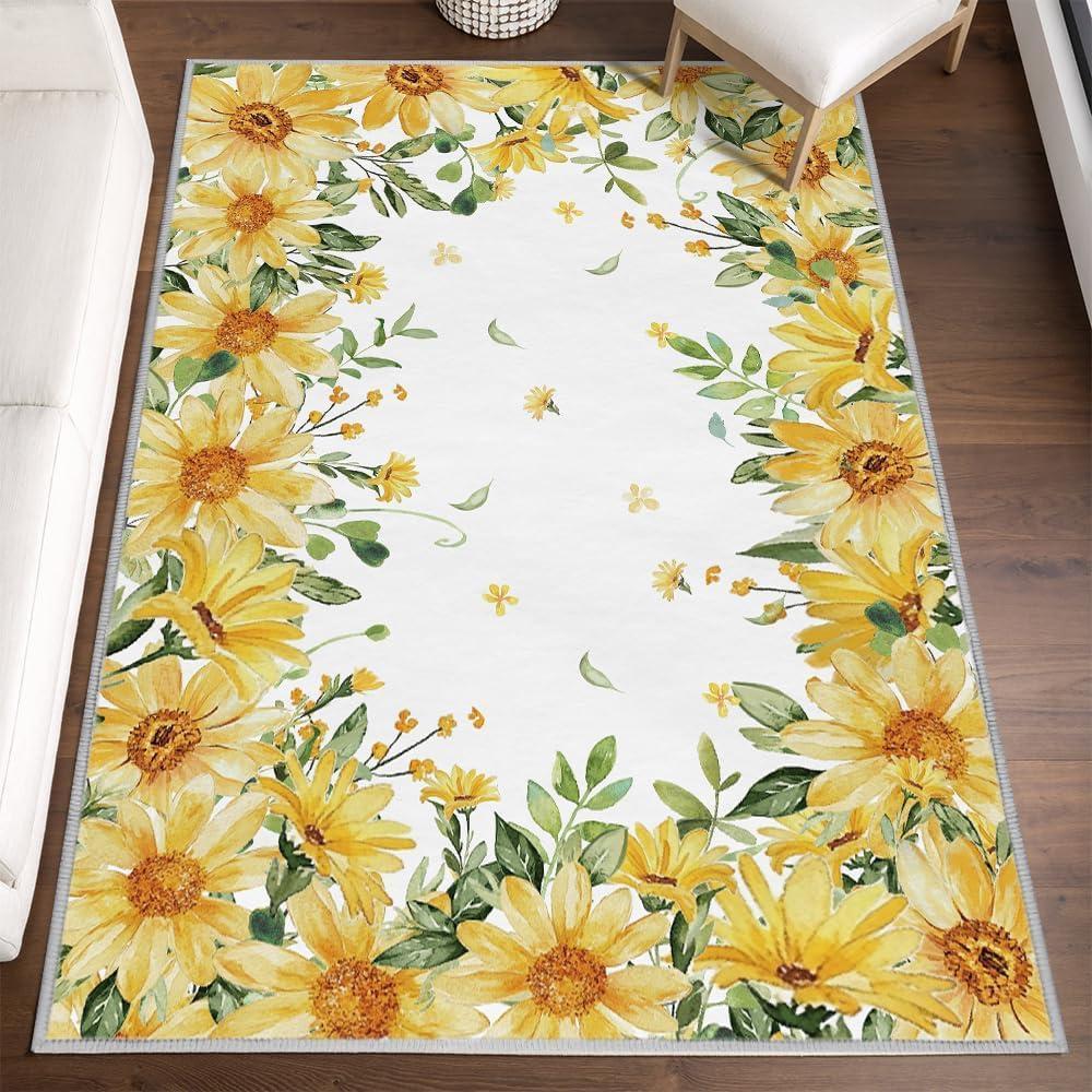 image:imageArtoid Mode Yellow Daisy Summer Floral Area Rug Spring Home Decor LowProfile Washable Area Rugs for Entryway Bedroom Living Room Laundry Room Indoor 4x6 FeetYellow