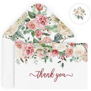 Artoid Mode 24 Pack Rose Flower Thank You Cards Wedding Greeting Cards Gift With Envelope Sticker Blank Note Cards for Birthday Wedding Baby Shower Bridal Shower, 4 x 6 Inch