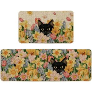 Artoid Mode Black Cat Floral Flowers Spring Kitchen Mats Set of 2, Home Decor Low-Profile Kitchen Rugs for Floor – 17×29 and 17×47 Inch