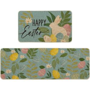 Artoid Mode Blue Eggs Rabbit Bunny Leaves Easter Kitchen Mats Set of 2, Home Seasonal Spring Easter Holiday Party Floor Mat – 17×29 and 17×47 Inch(Blue)