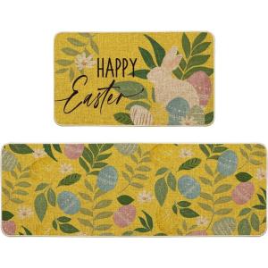 Artoid Mode Blue Eggs Rabbit Bunny Leaves Easter Kitchen Mats Set of 2, Home Seasonal Spring Easter Holiday Party Floor Mat – 17×29 and 17×47 Inch(Yellow)